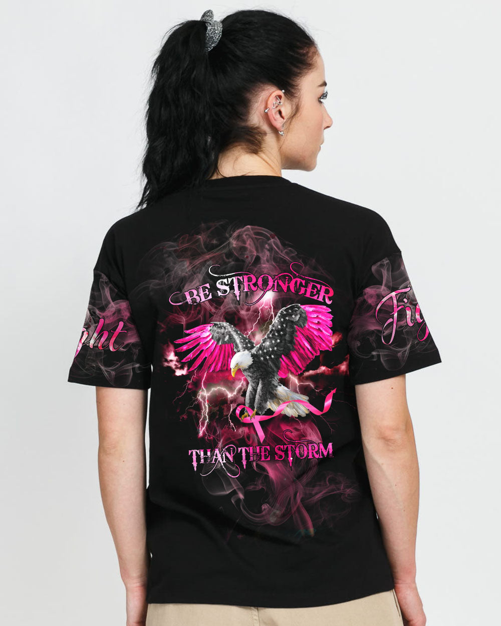 Be Stronger Than The Storm Eagle Pink Smoke Women's Breast Cancer Awareness Tshirt