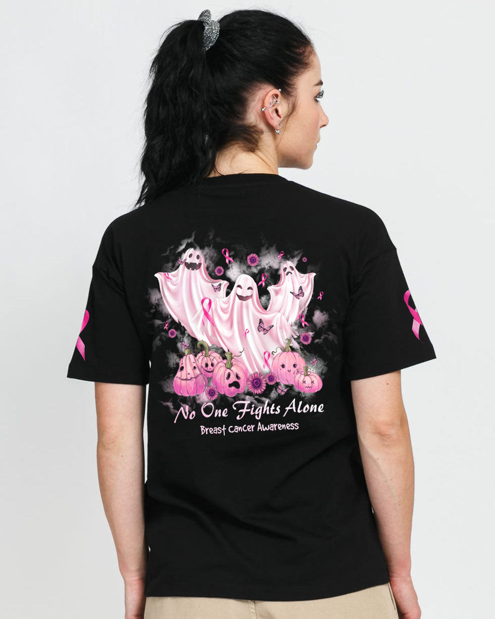 No One Fights Alone Boo Halloween Women's Breast Cancer Awareness Tshirt