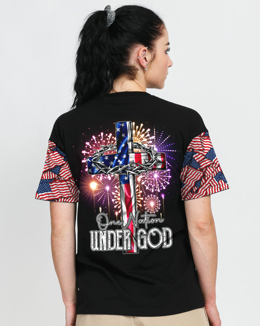 One Nation Under God Cross Fireworks Women's Christian Tshirt