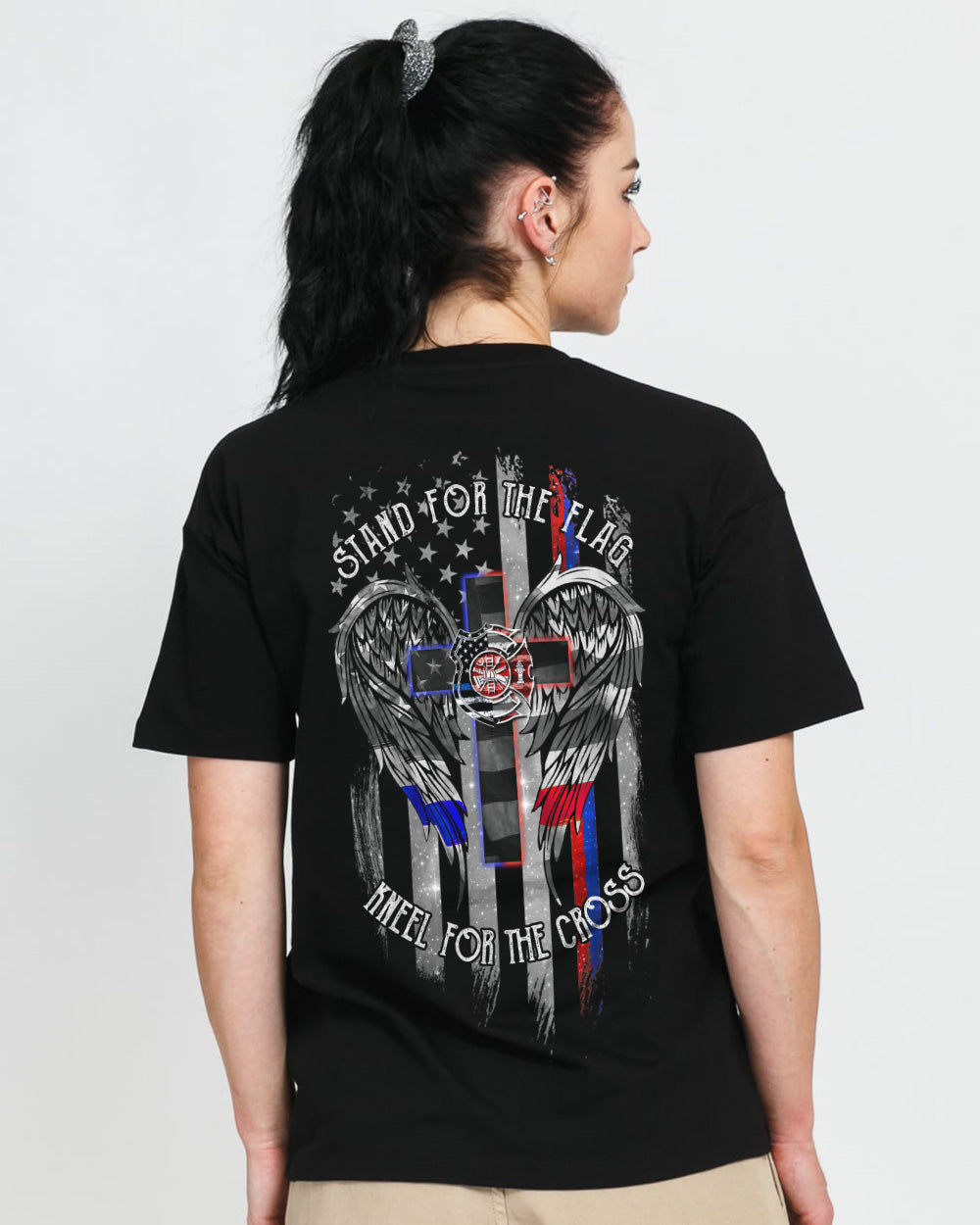 Stand For The Flag Kneel For The Cross Back The Brave Firefighter Women's Christian Tshirt