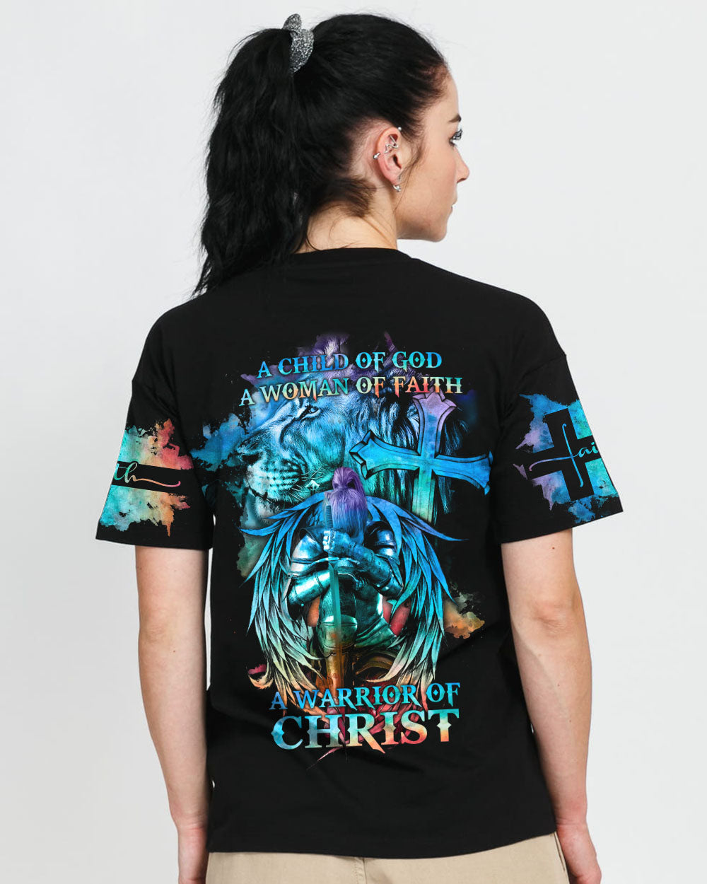 A Child Of God A Woman Of Faith Lion Warrior Women's Christian Tshirt