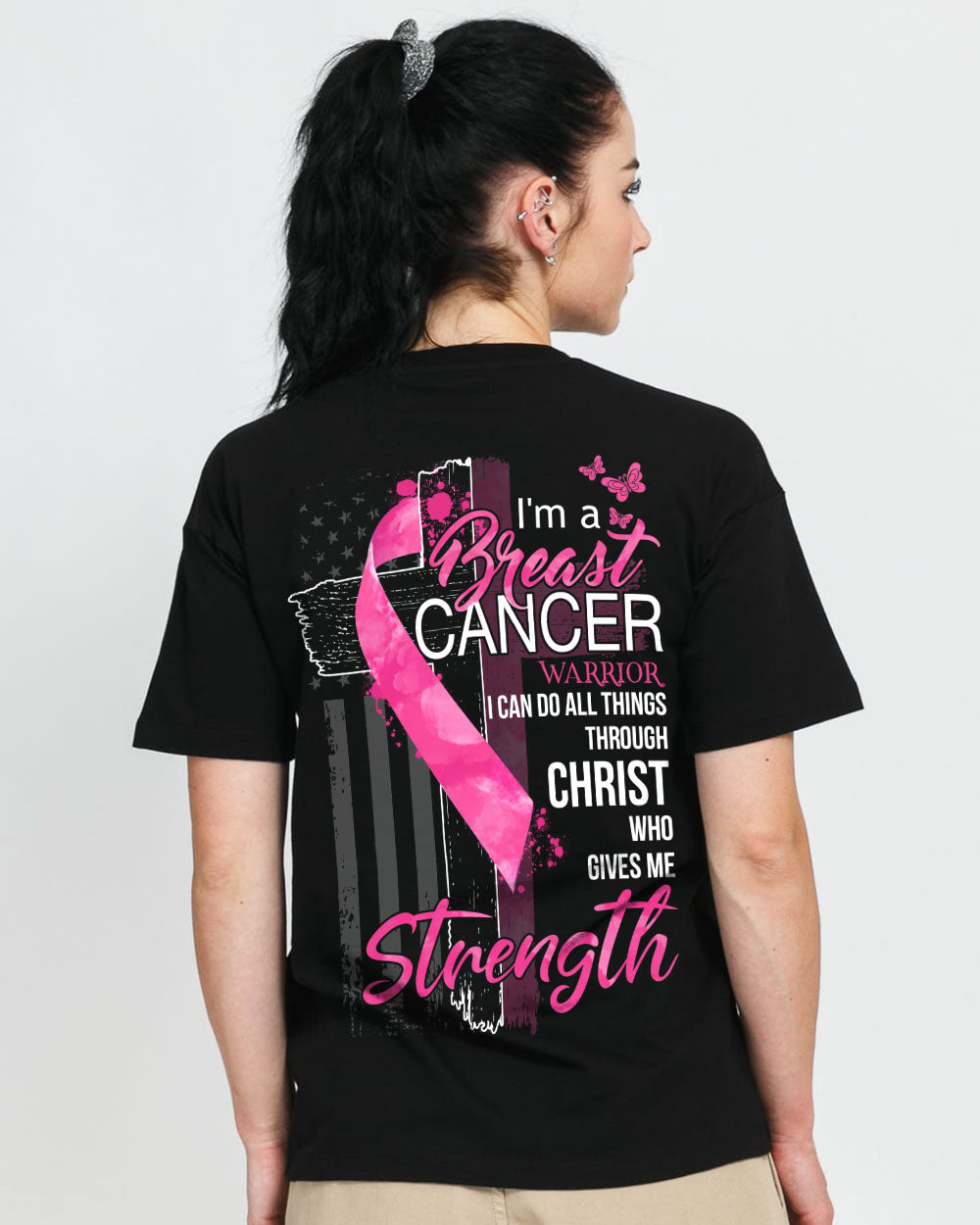 I Am A Breast Cancer Warrior Cross Ribbon Flag Women's Breast Cancer Awareness Tshirt