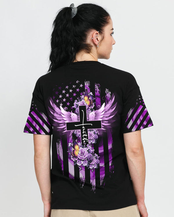 Purple Butterfly Rose Cross Faith Flag Women's Christian Tshirt