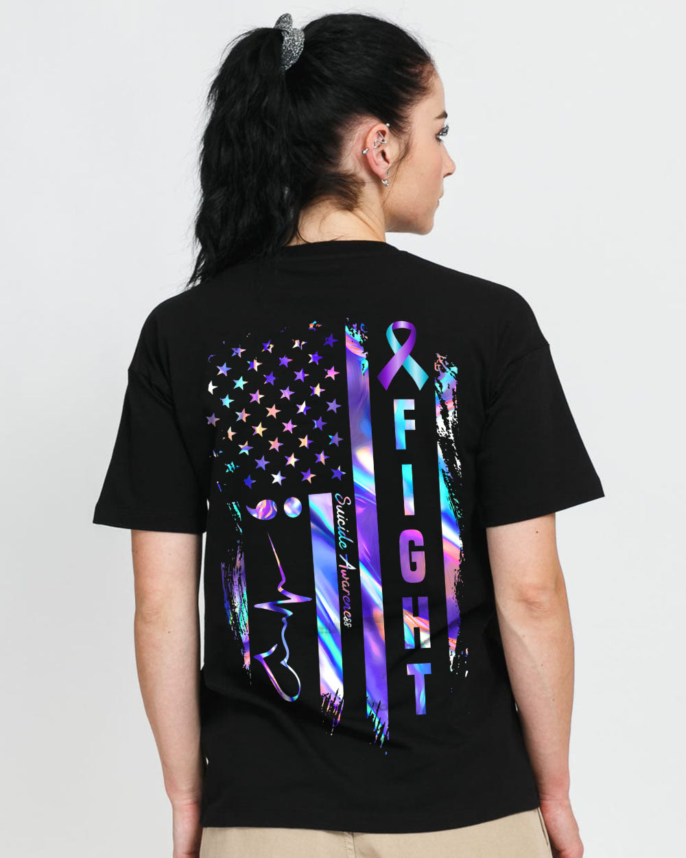 Holo Fight Suicide American Flag Women's Suicide Prevention Awareness Tshirt
