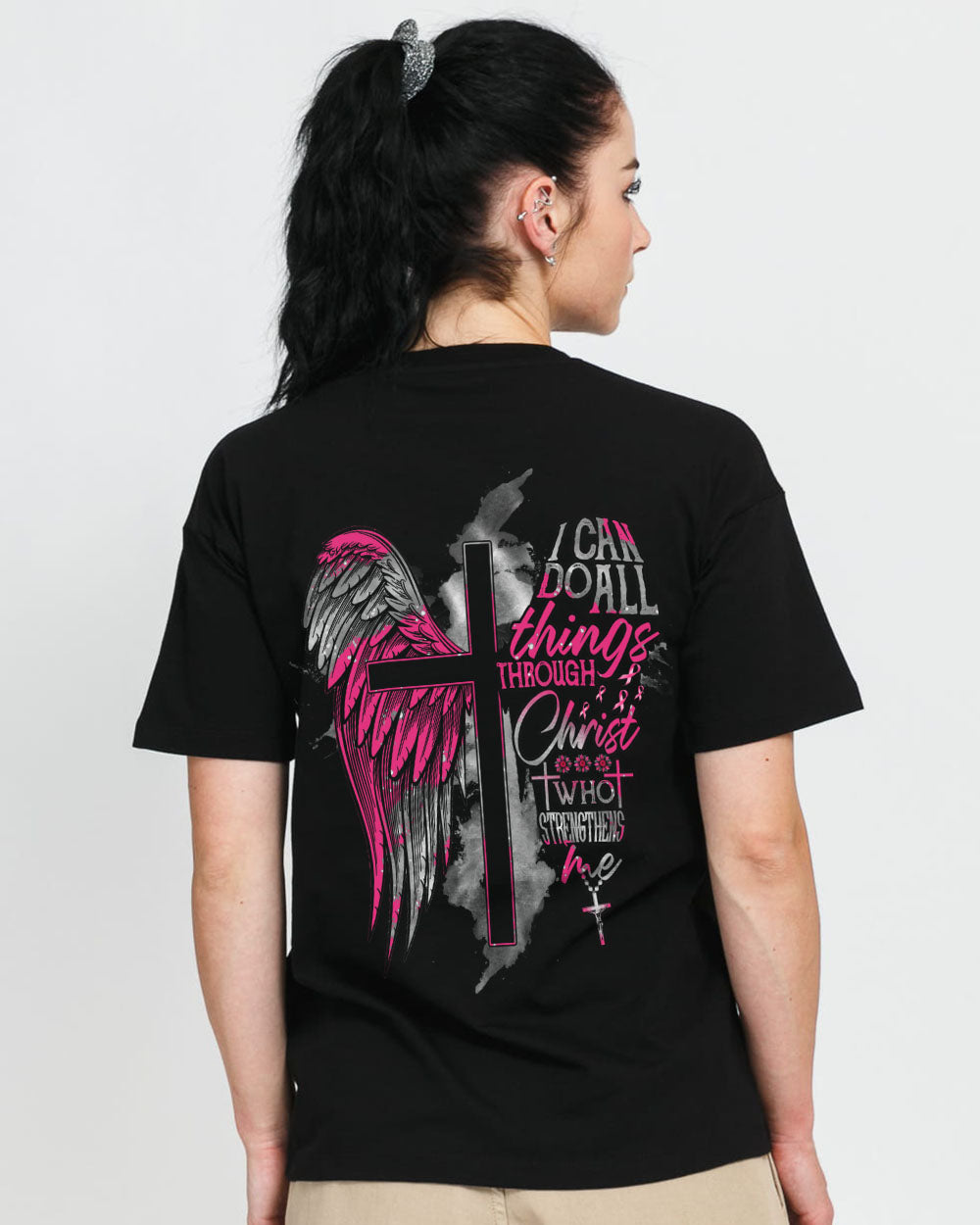I Can Do All Things Through Christ Half Wings Cross Women's Breast Cancer Awareness Tshirt
