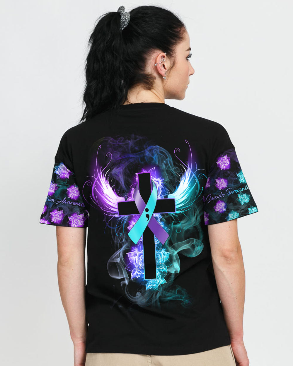 Blue Purple Wing Rose Cross Smoke Women's Christian Tshirt