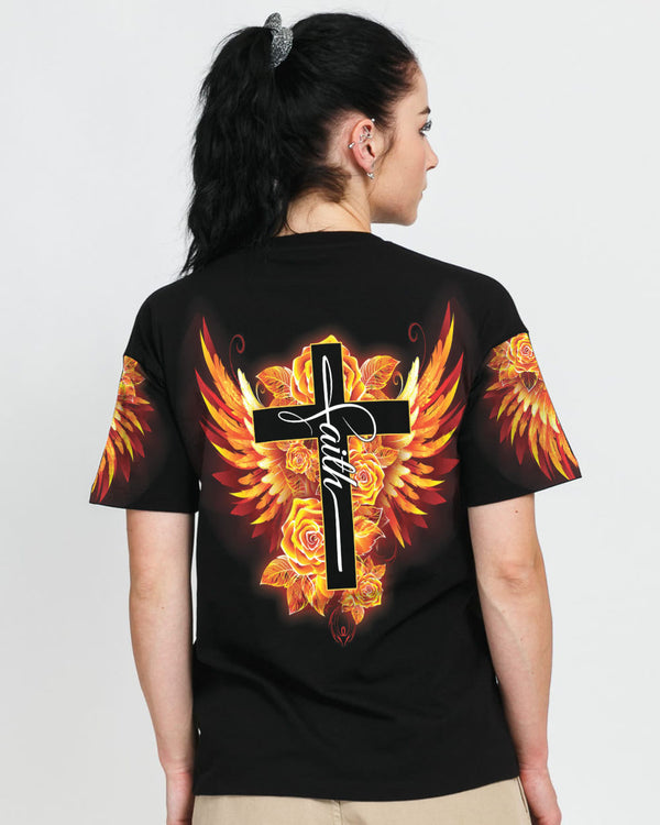 Faith Cross Rose Wings Golden Women's Christian Tshirt