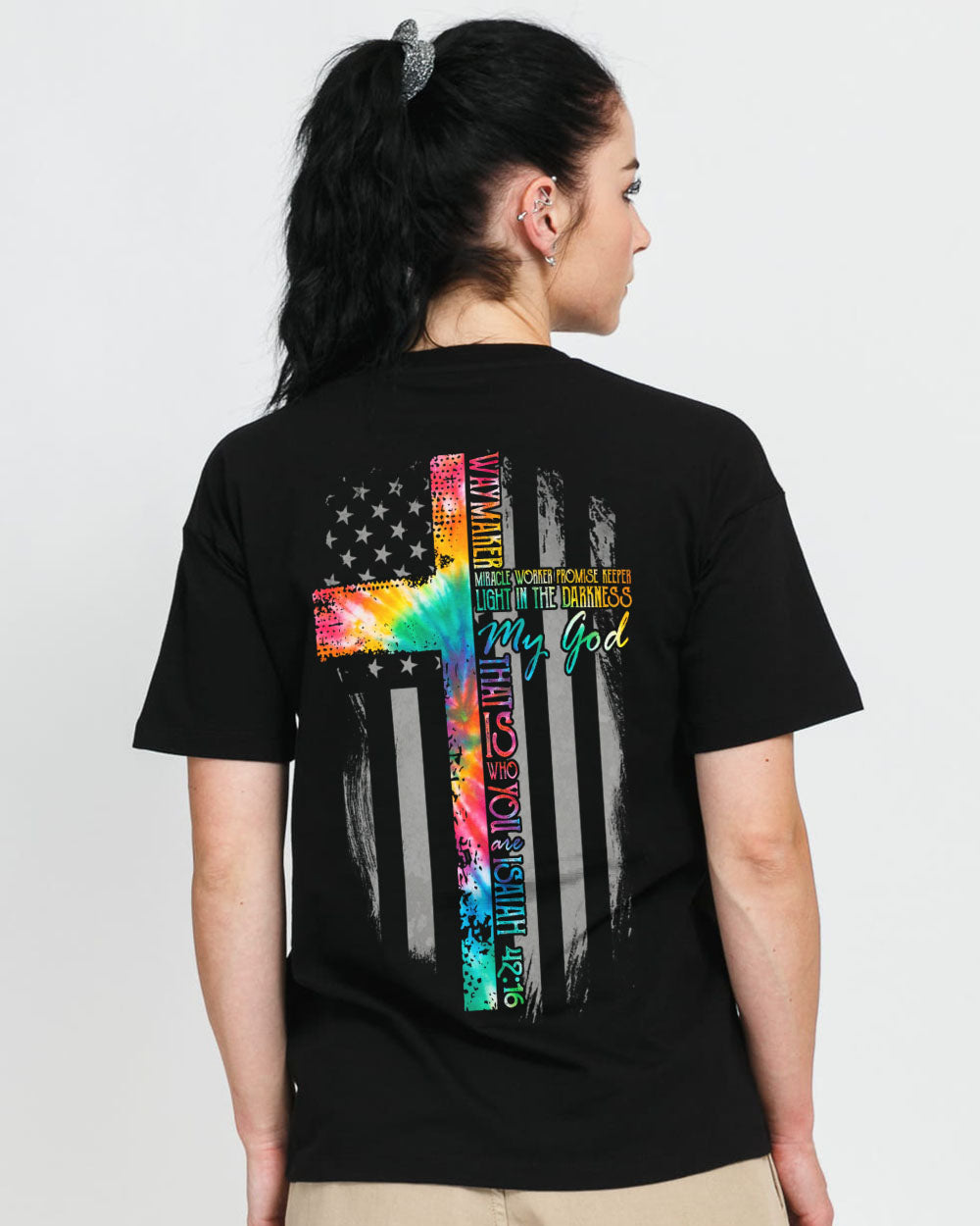 Way Maker Miracle Worker Tie Dye Flag Cross Women's Christian Tshirt