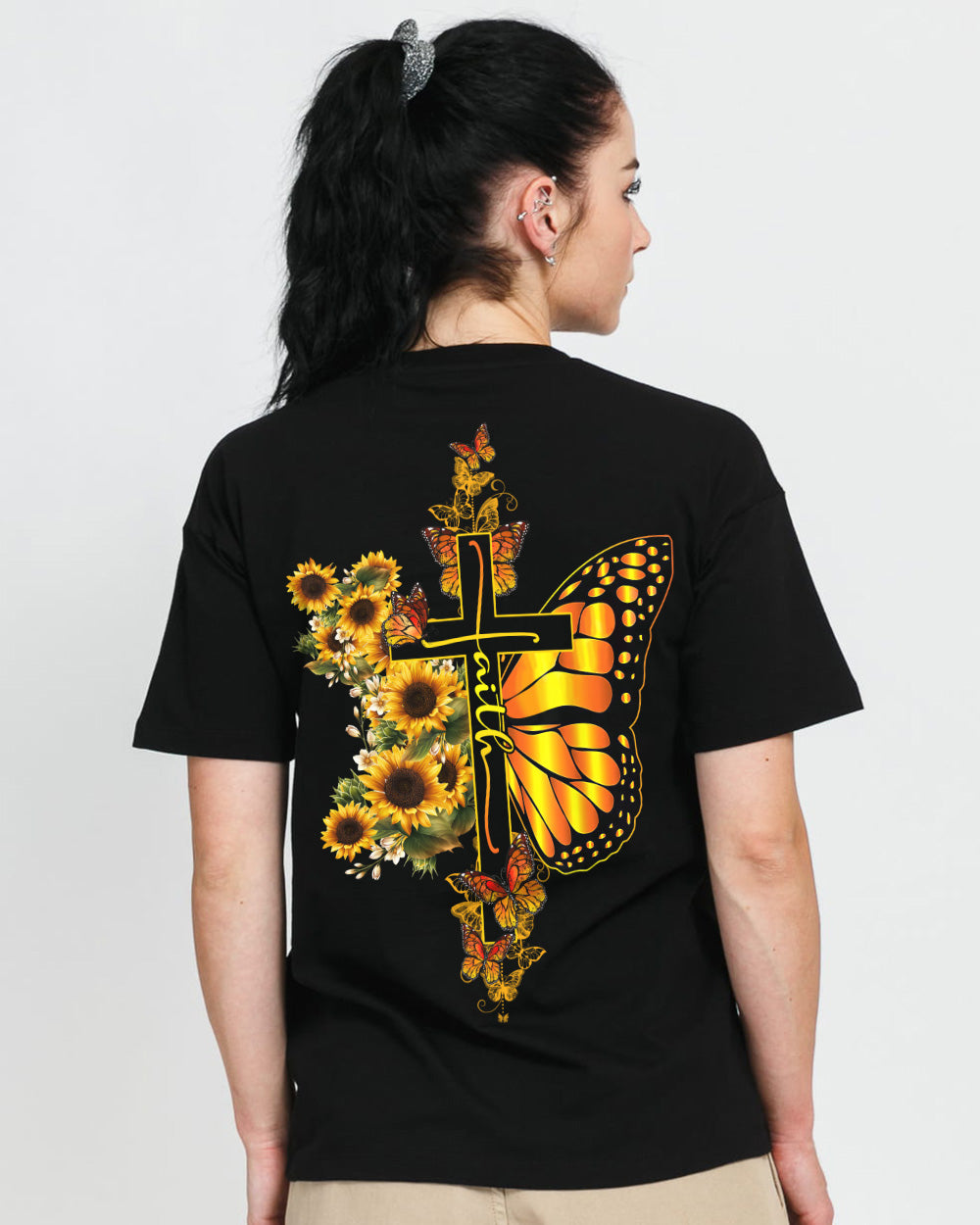 Cross Sunflower Half Butterflies Faith Women's Christian Tshirt