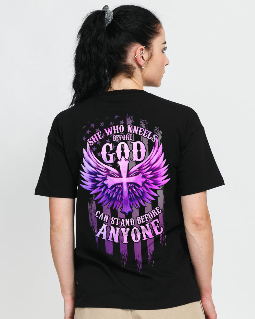 She Who Knees Before God Can Stand Before Anyone Cross Flag Wings Women's Christian Tshirt