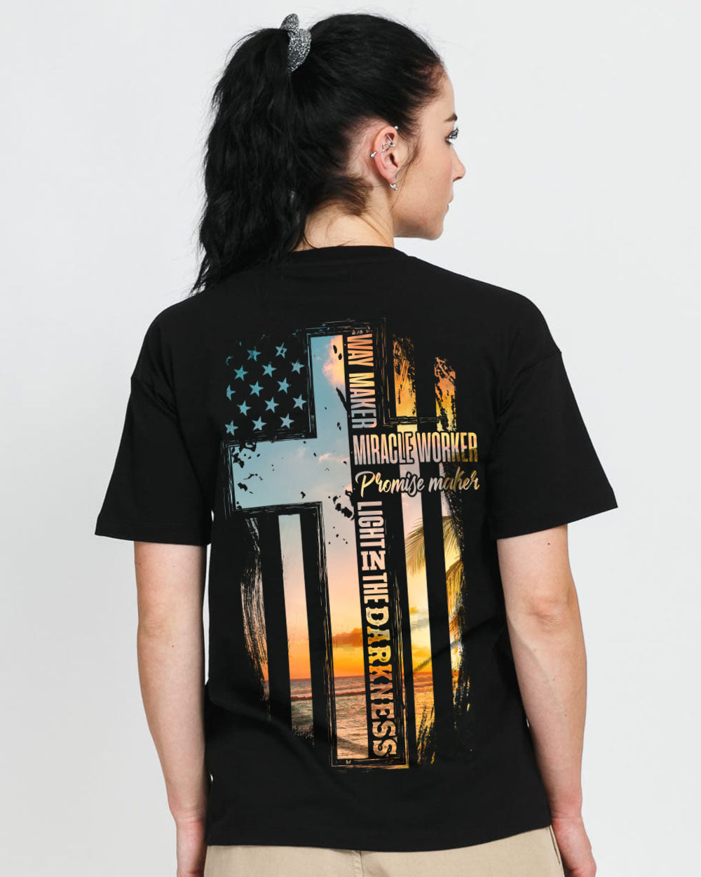 Way Maker Miracle Worker Sunset Beach Flag Half Cross Women's Christian Tshirt