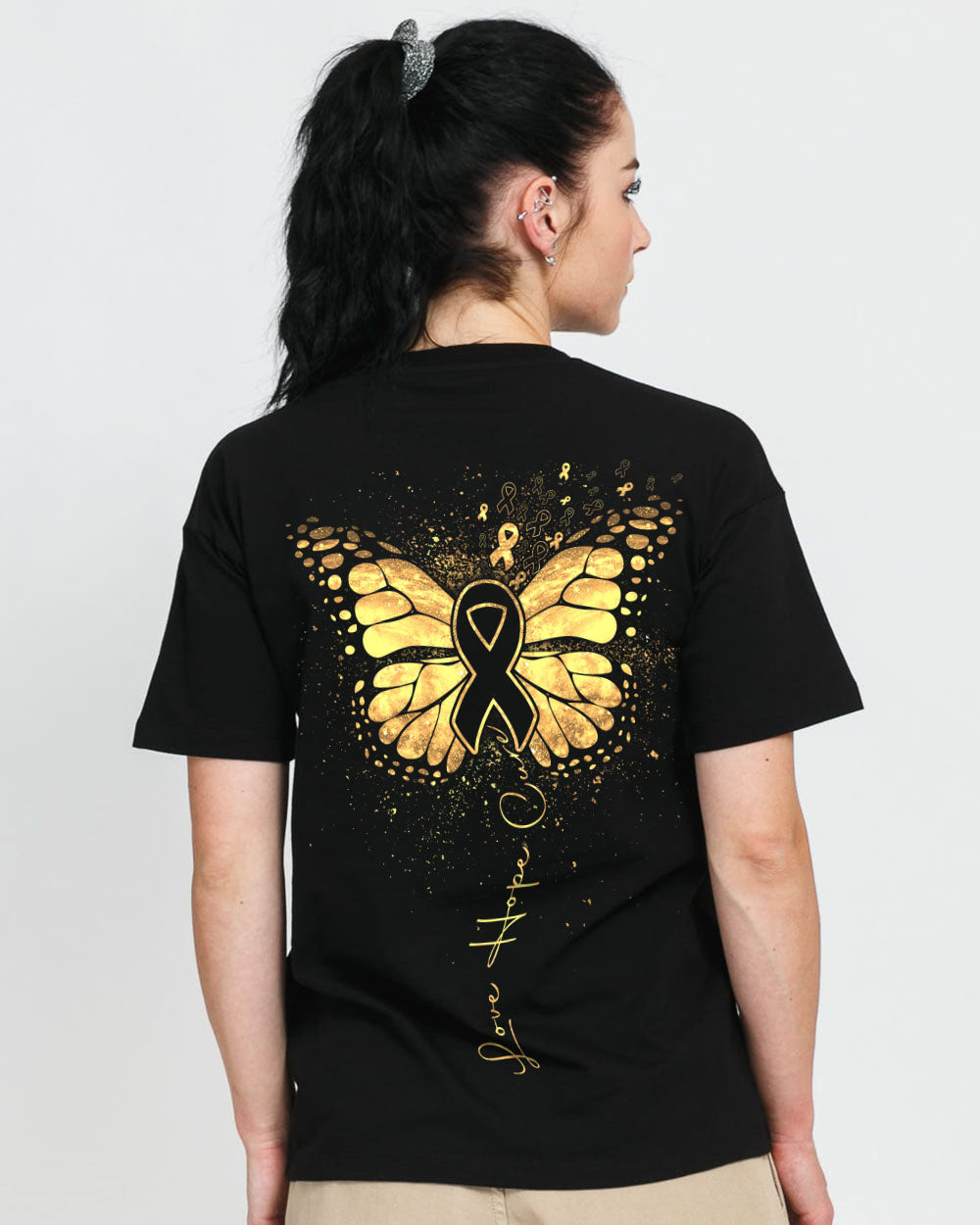 Love Hope Cure Butterfly Ribbon Women's Childhood Cancer Awareness Tshirt