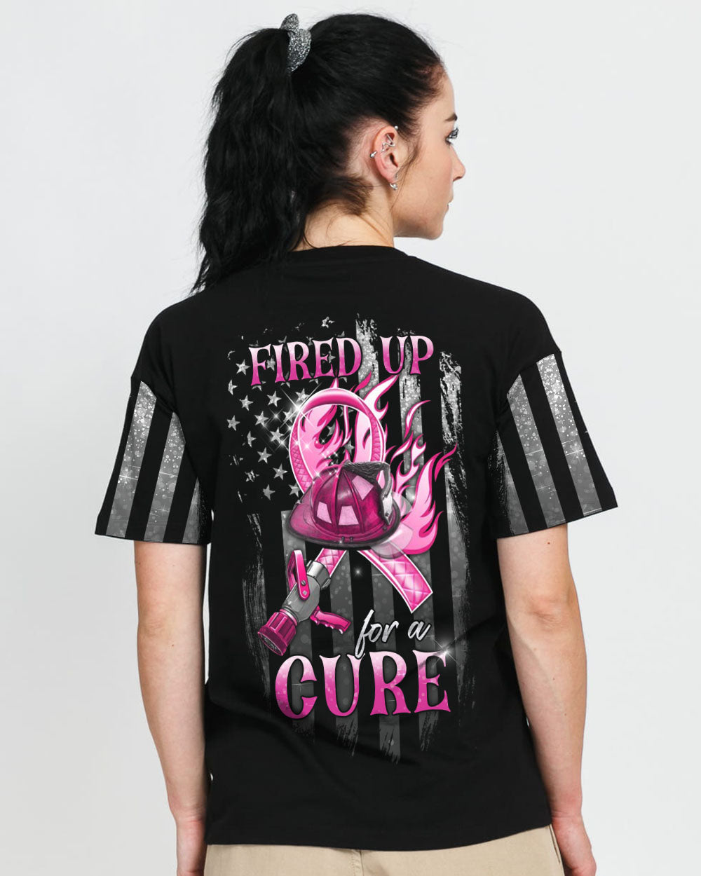 Fired Up For A Cure Flag Women's Breast Cancer Awareness Tshirt