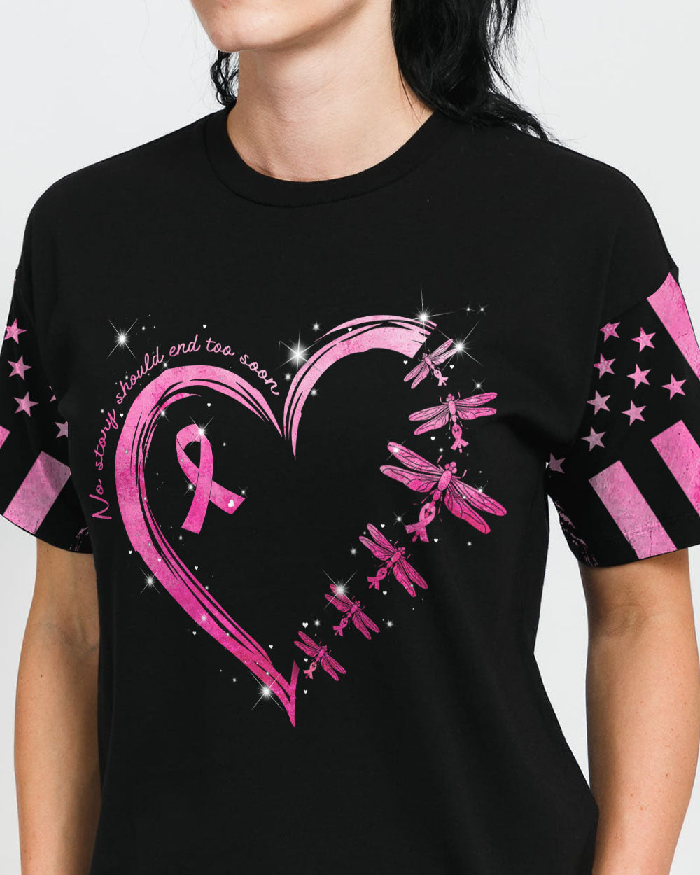 Fight Flag Dragonfly Heart Women's Breast Cancer Awareness Tshirt
