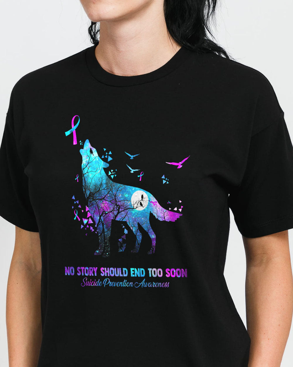 No Story Should End Too Soon Galaxy Wolf Women's Suicide Prevention Awareness Tshirt