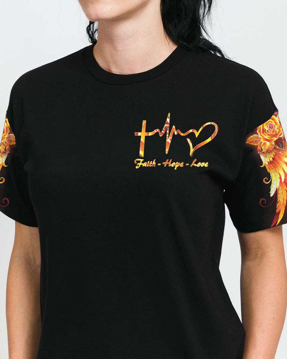 Faith Cross Rose Wings Golden Women's Christian Tshirt