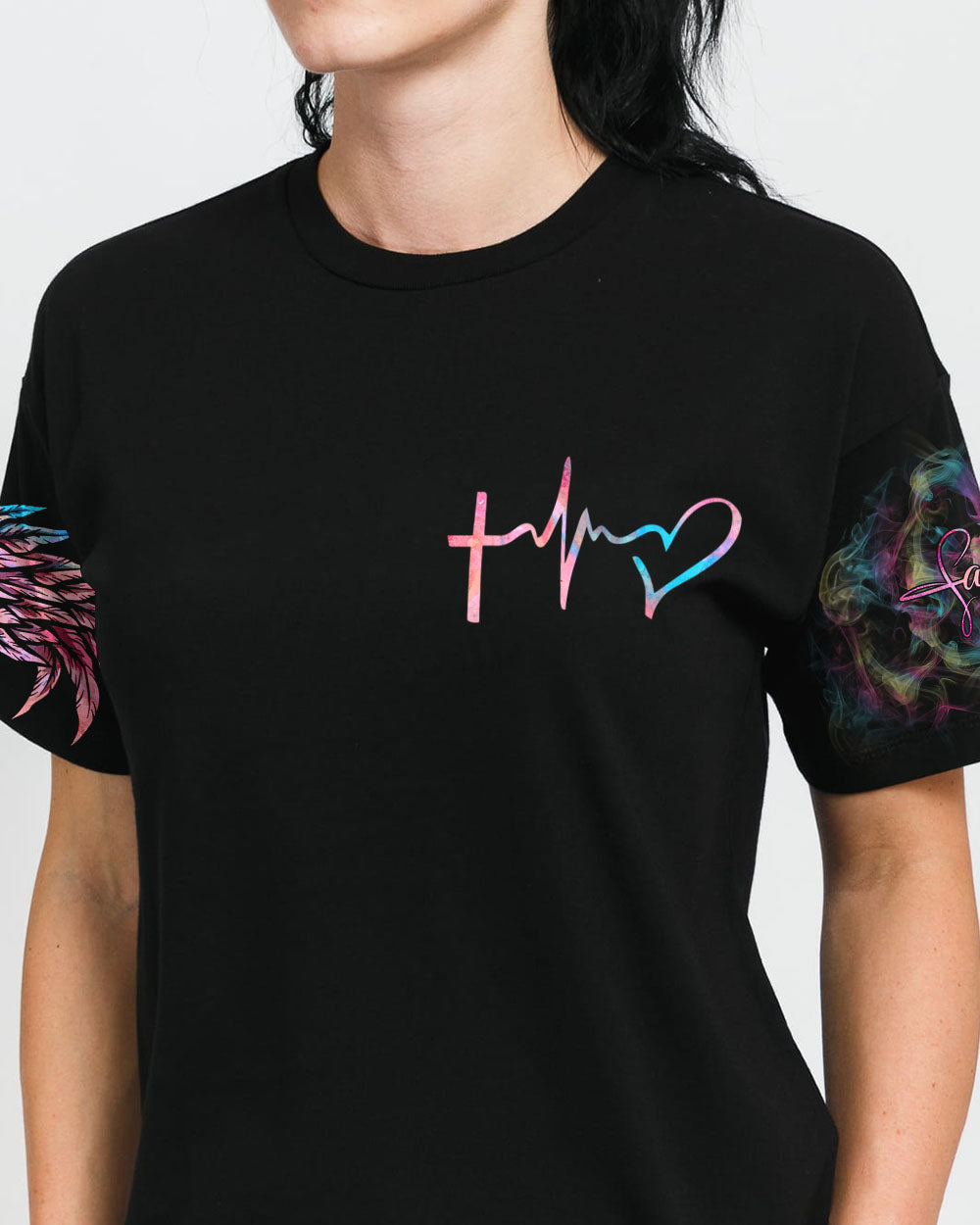 Faith Hope Love Half Wings Heart Colorful Smoke Women's Christian Tshirt
