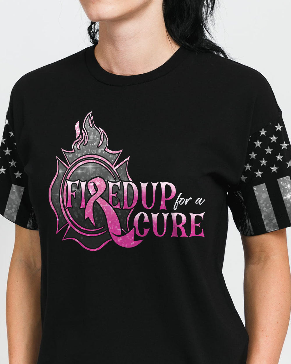 Fired Up For A Cure Flag Women's Breast Cancer Awareness Tshirt