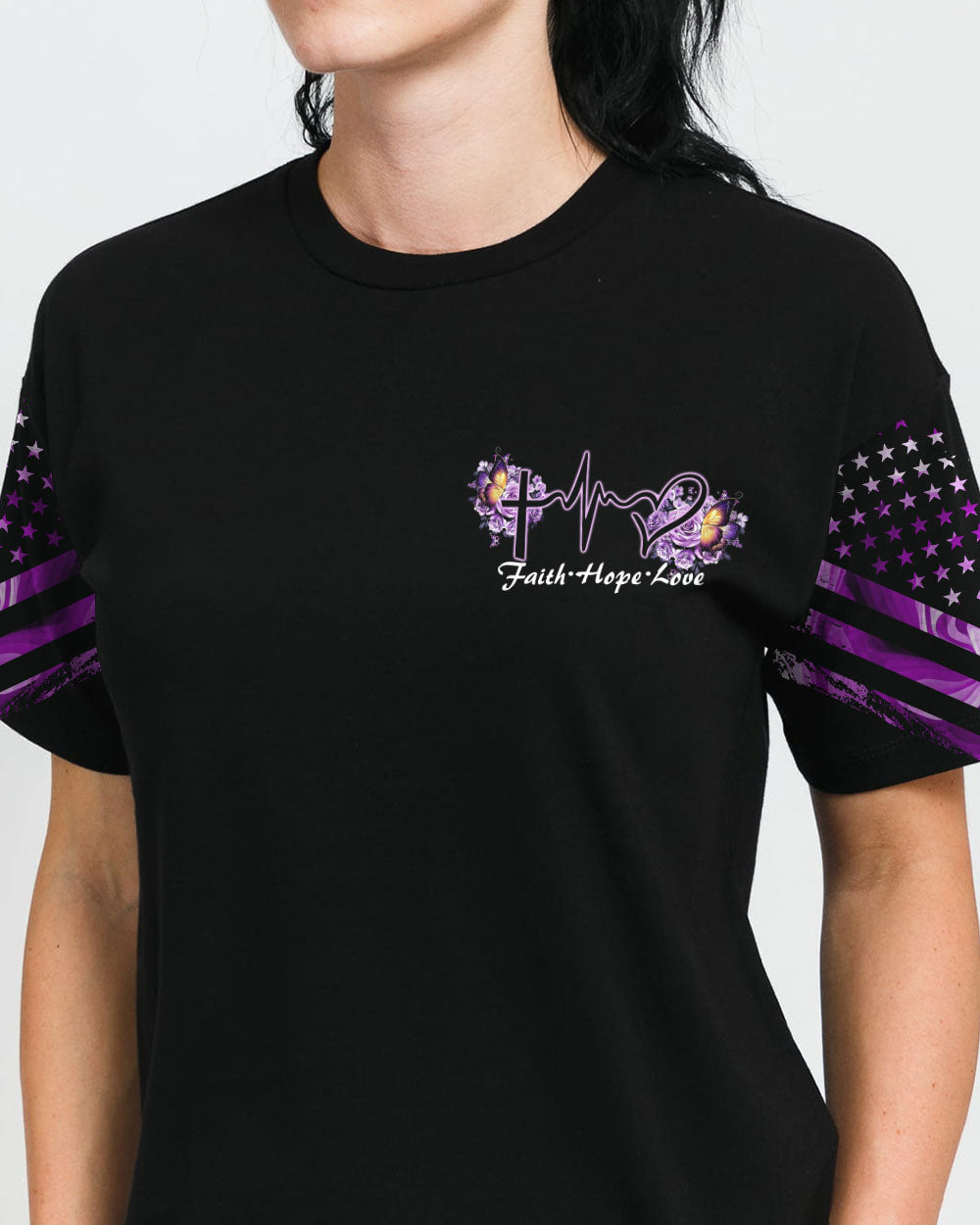 Purple Butterfly Rose Cross Faith Flag Women's Christian Tshirt