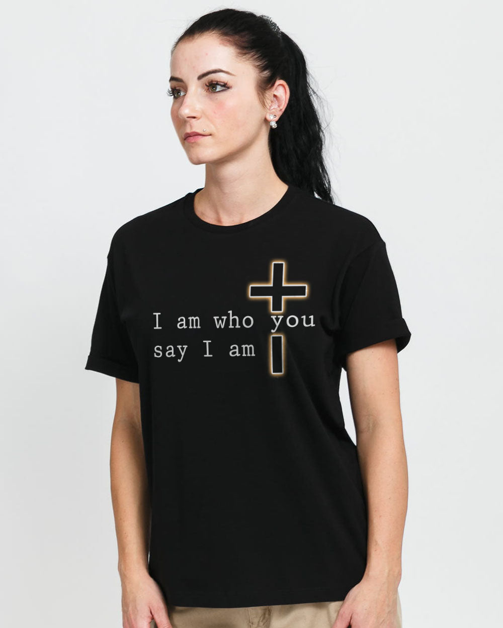 I Am Who You Say I Am Faith Cross Lion Women's Christian Tshirt