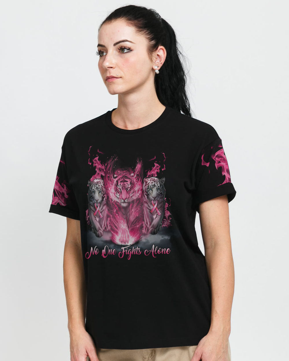 No One Fights Alone Pink Tiger Women's Breast Cancer Awareness Tshirt