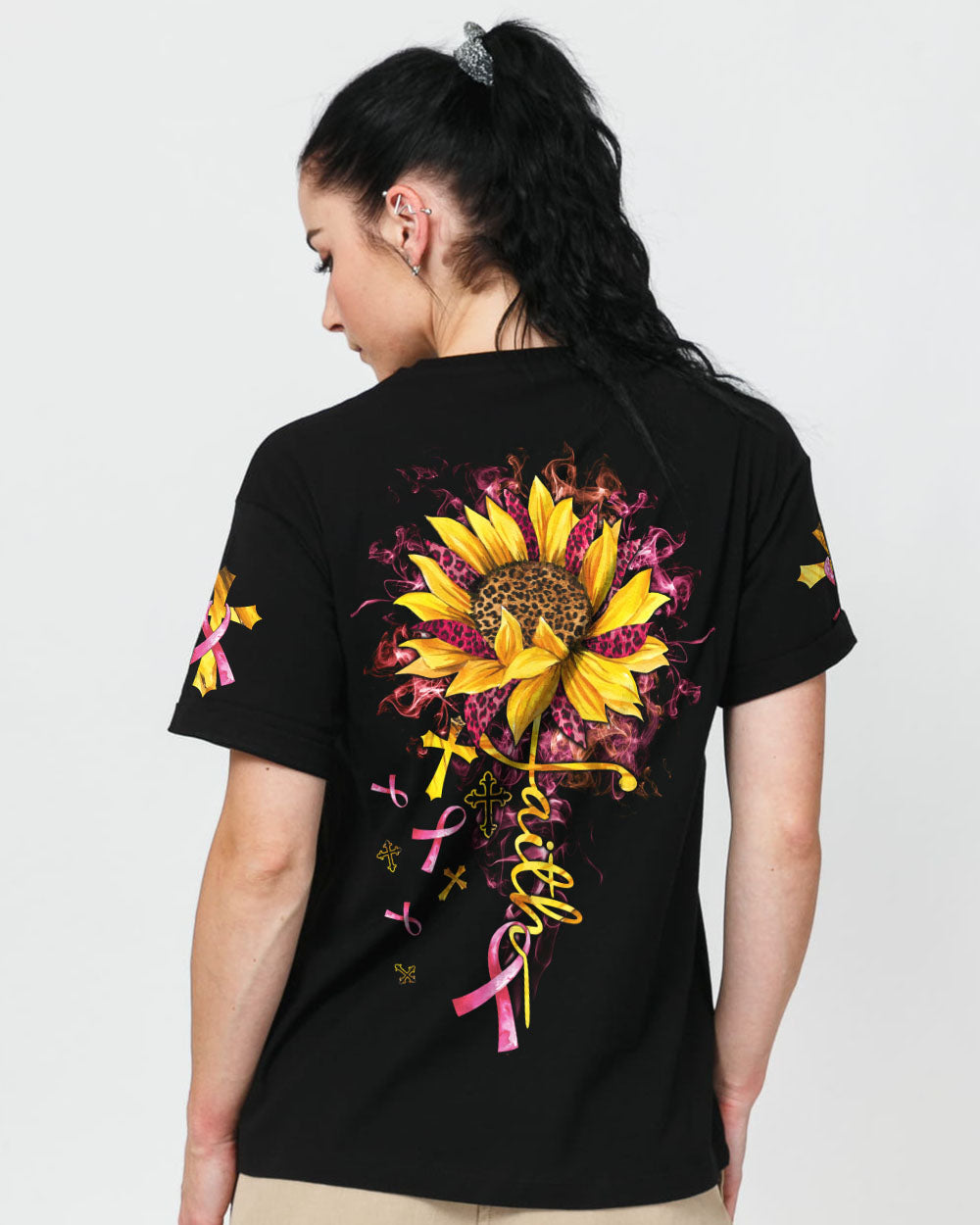 Faith Leopard Sunflower Women's Breast Cancer Awareness Tshirt