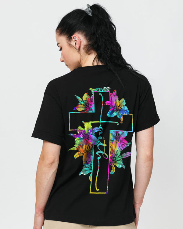 Cross With Lilies Colorful Watercolor Women's Christian Tshirt