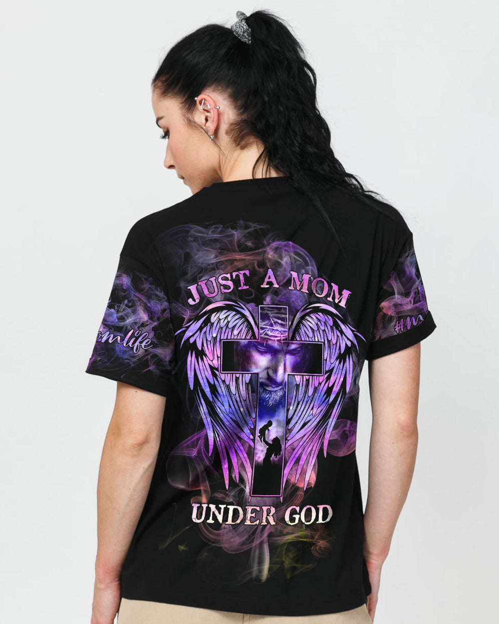 Just A Mom Under God Cross Wings Women's Christian Tshirt