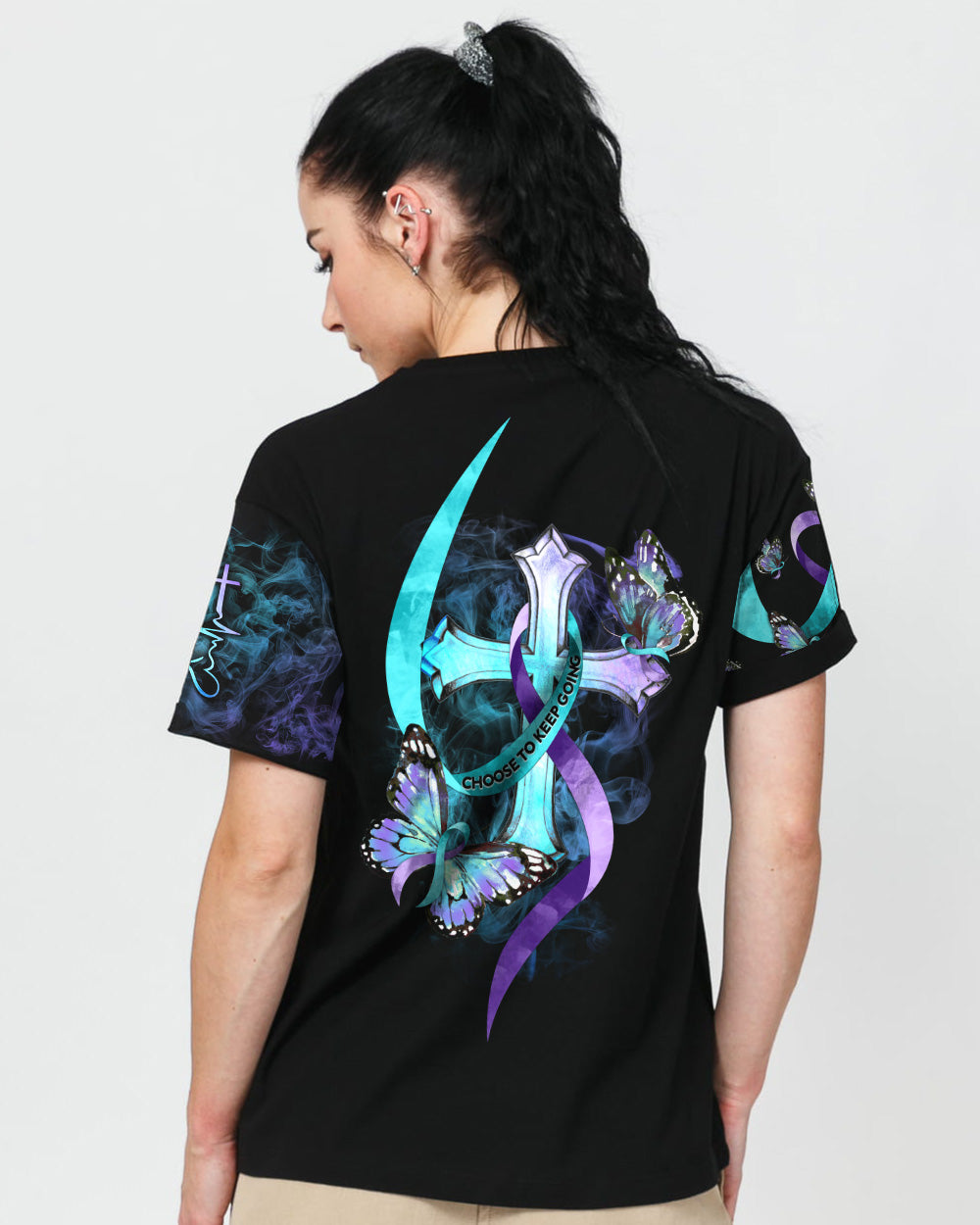 Choose To Keep Going Cross Smoke Butterfly Ribbons Women's Christian Tshirt
