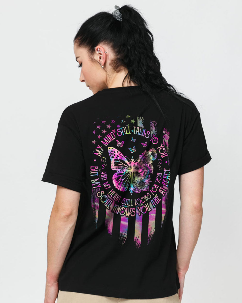 My Mind Still Talks To You Butterfly Cross Flag Women's Christian Tshirt