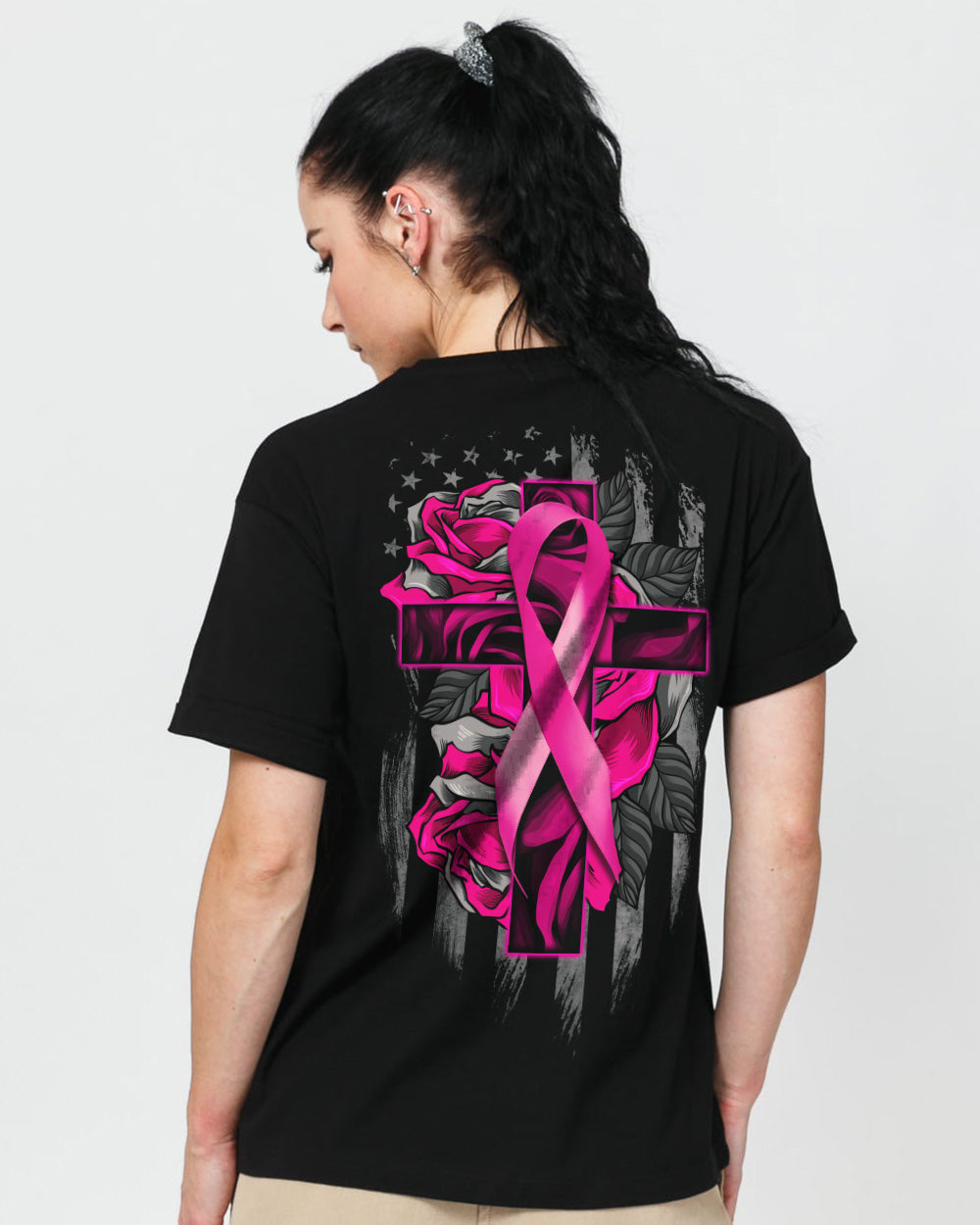 Rose With Ribbon Cross Flag Women's Breast Cancer Awareness Tshirt