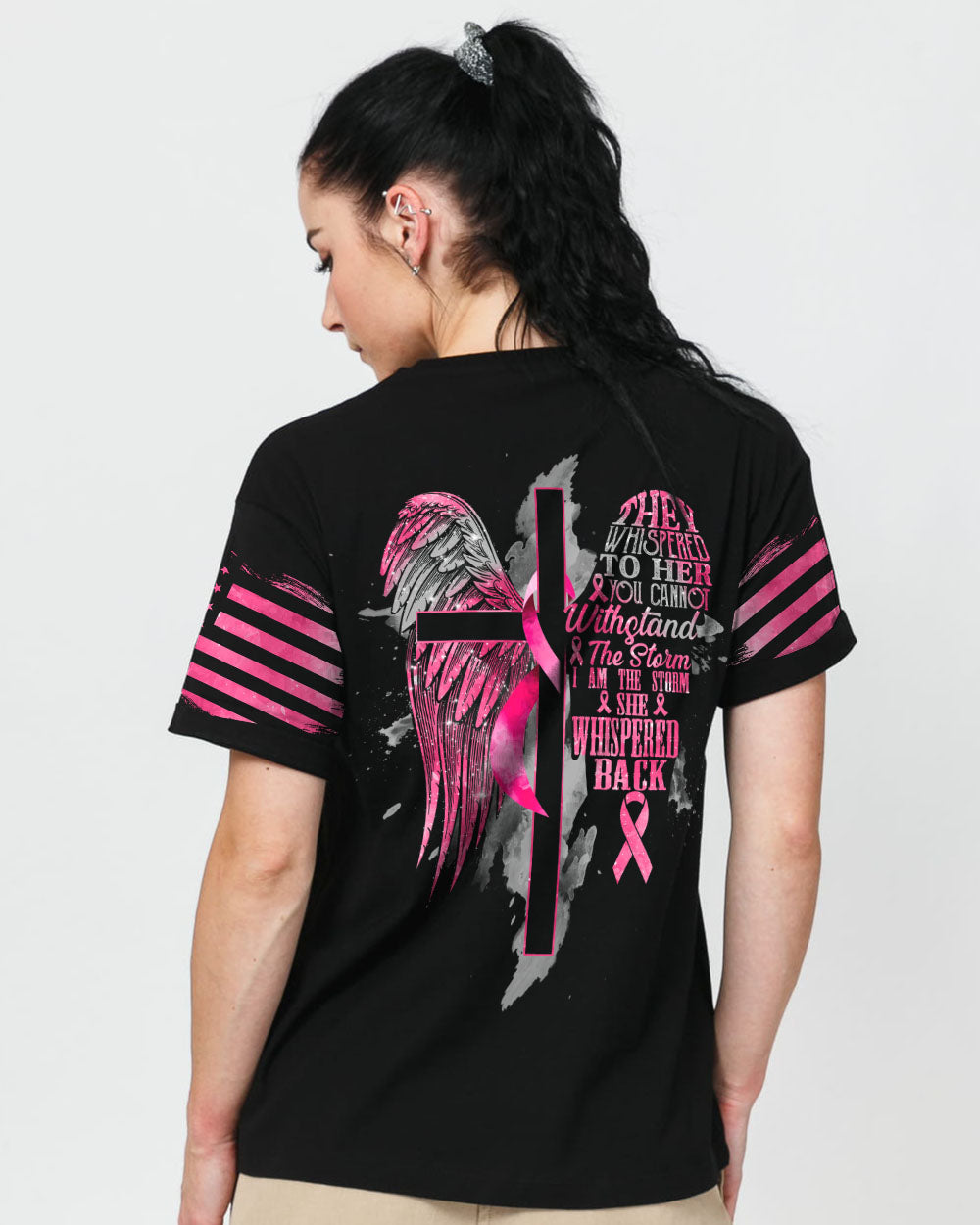They Whispered To Her You Cannot Withstand The Storm Women's Breast Cancer Awareness Tshirt