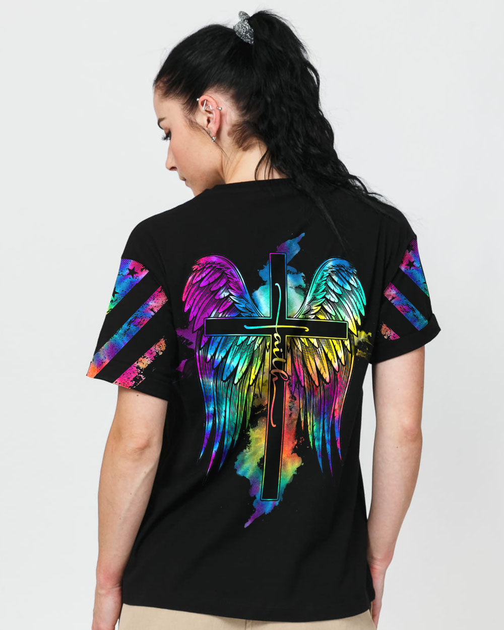 Faith Cross Wings Colorful Women's Christian Tshirt