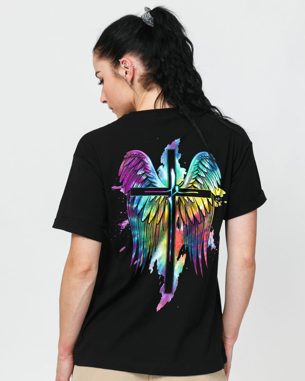 Fe Wings Cross Watercolor Tie Dye Women's Christian Tshirt