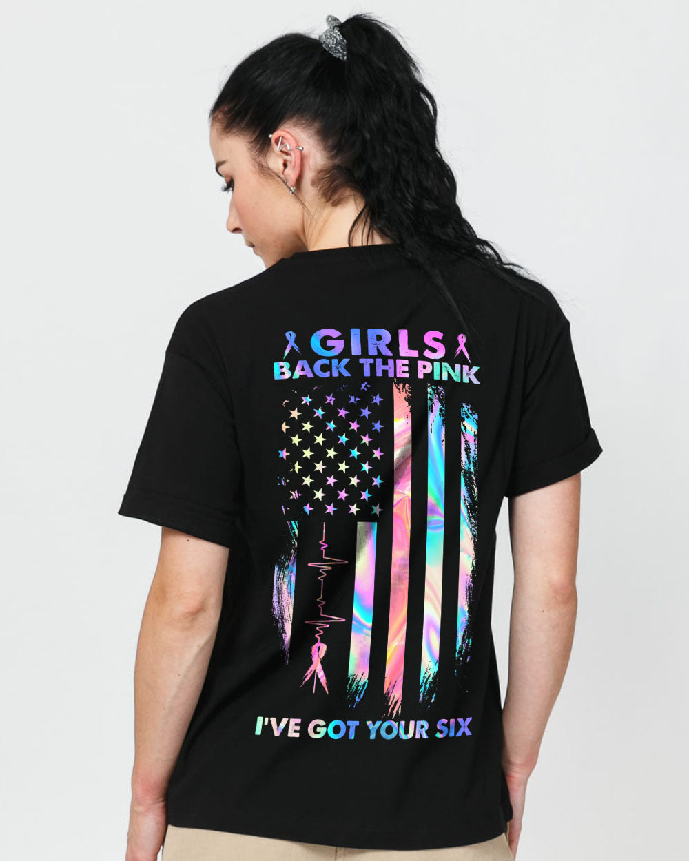 Girls Back The Pink I've Got Your Six Holo Flag Women's Breast Cancer Awareness Tshirt