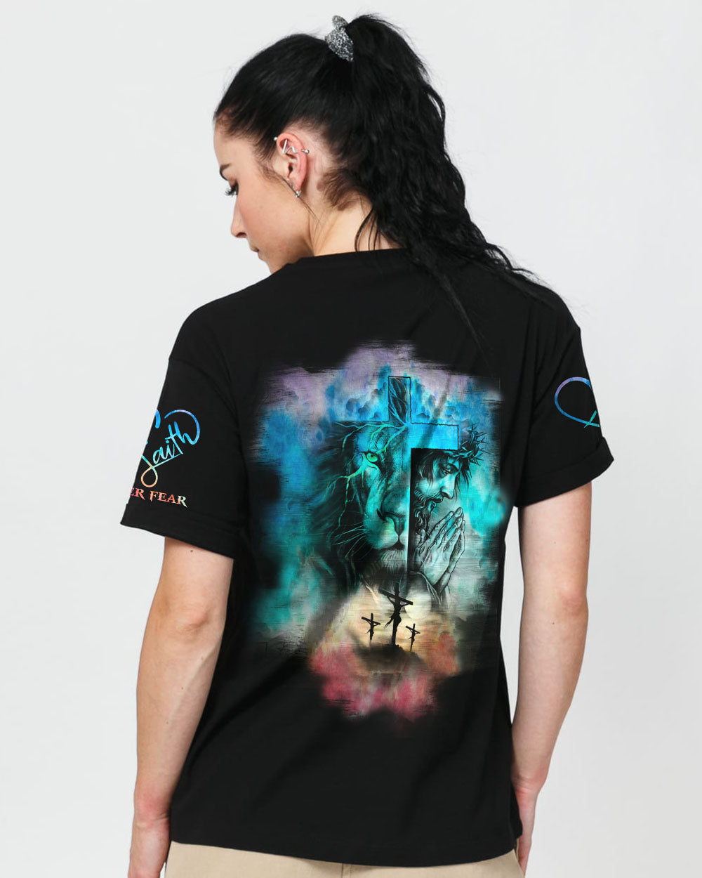 Jesus Lion Cross Colorful Watercolor Women's Christian Tshirt