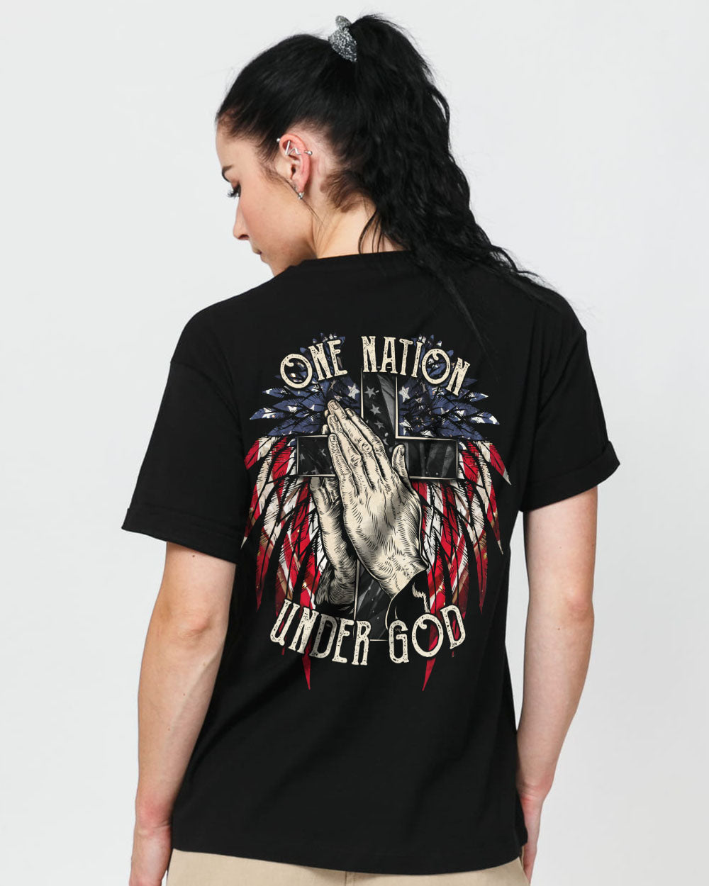 One Nation Under God Wings Hand Women's Christian Tshirt