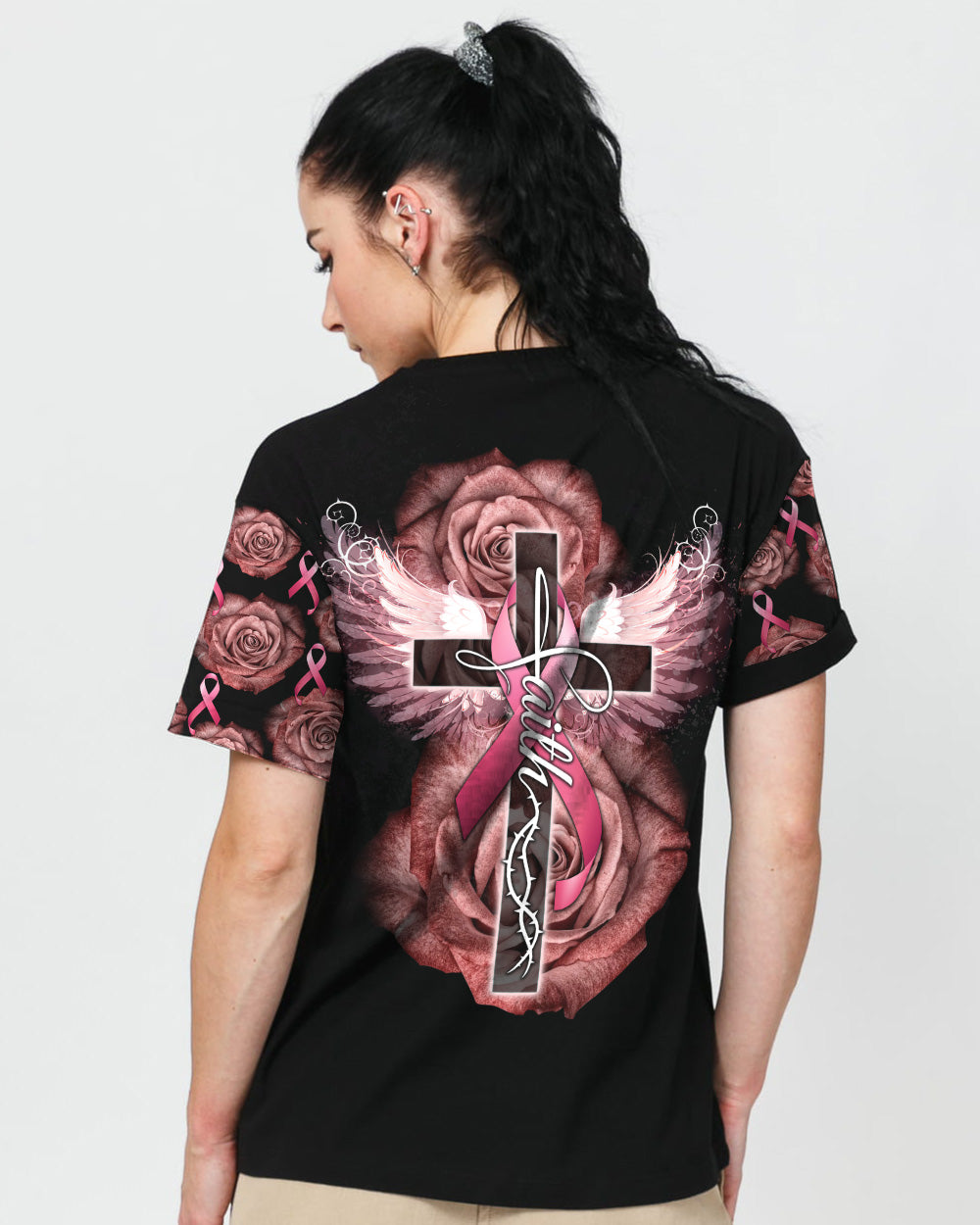 Faith Rose Cross Ribbon Wings Women's Christian Tshirt
