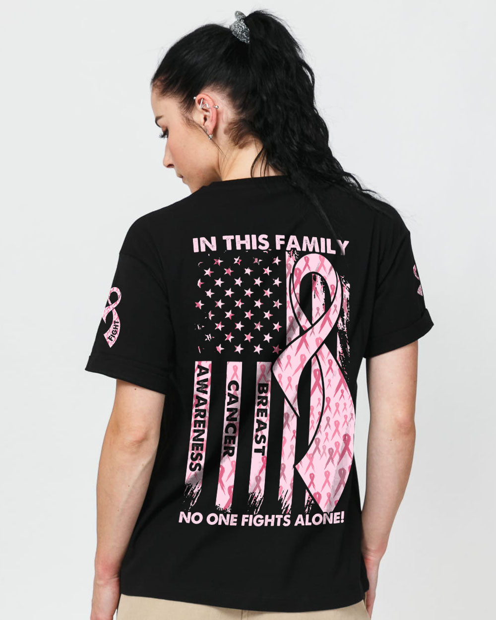 In This Family No One Fights Alone Pink Ribbon Flag Women's Breast Cancer Awareness Tshirt