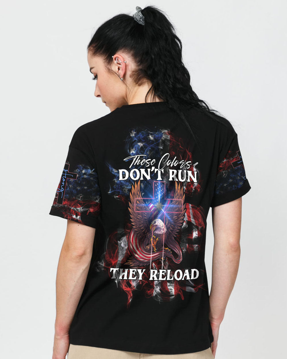 These Colors Don't Run They Reload Eagle Wings Cross Flag Women's Christian Tshirt
