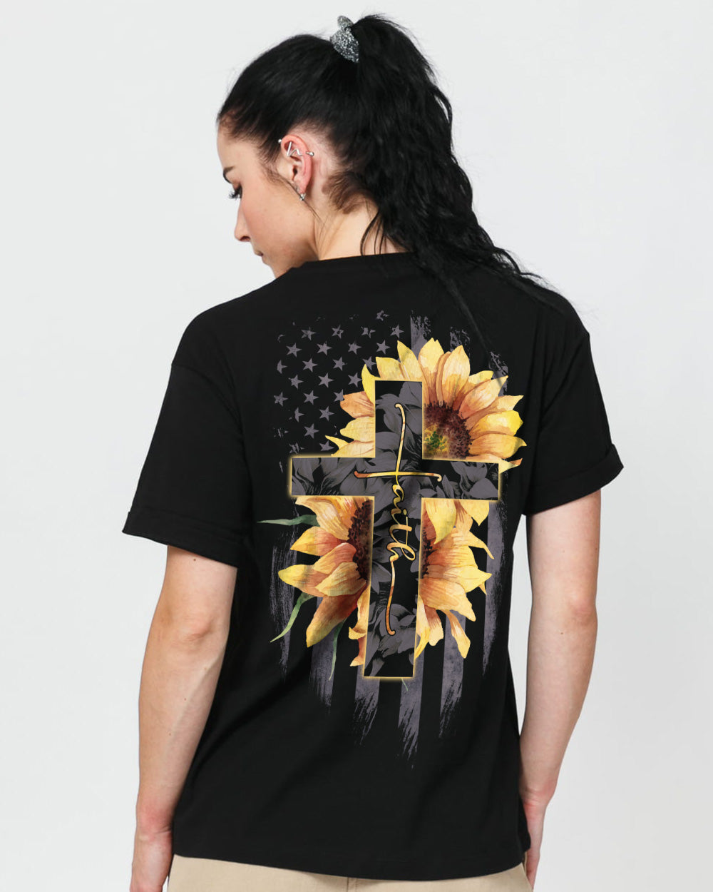 Cross Faith Sunflower Flag Women's Christian Tshirt