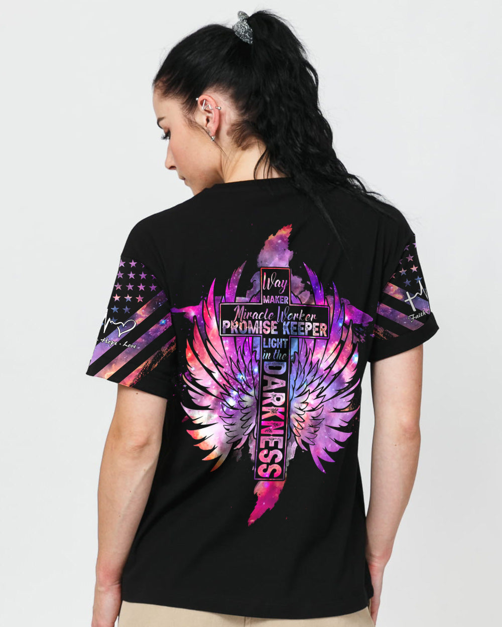 Way Maker Miracle Worker Galaxy Wings Cross Women's Christian Tshirt