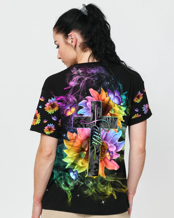 Faith Sunflower Flag Rainbow Smoke Butterfly Women's Christian Tshirt