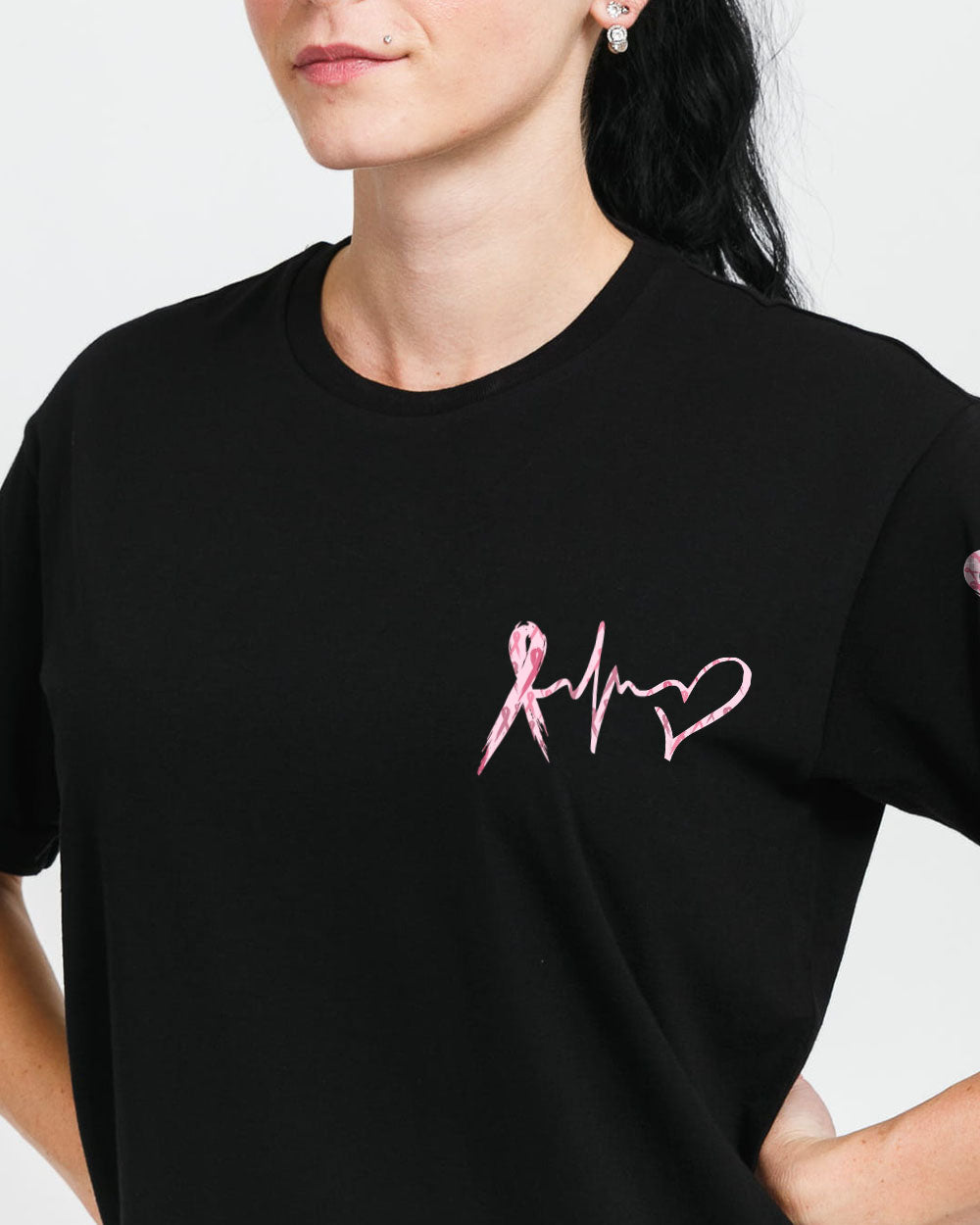In This Family No One Fights Alone Pink Ribbon Flag Women's Breast Cancer Awareness Tshirt