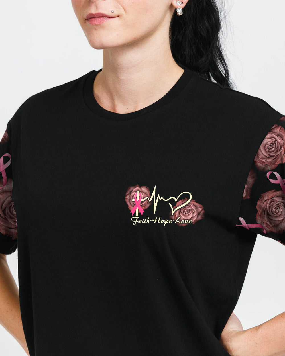 Faith Rose Cross Ribbon Wings Women's Christian Tshirt