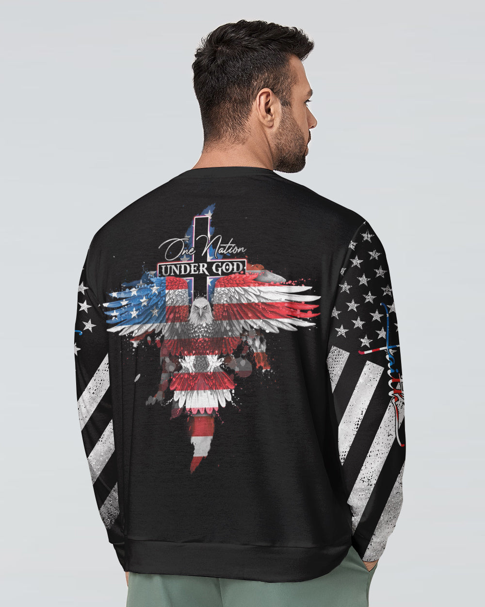 One Nation Under God Watercolor Eagle Cross Men's Christian Sweatshirt