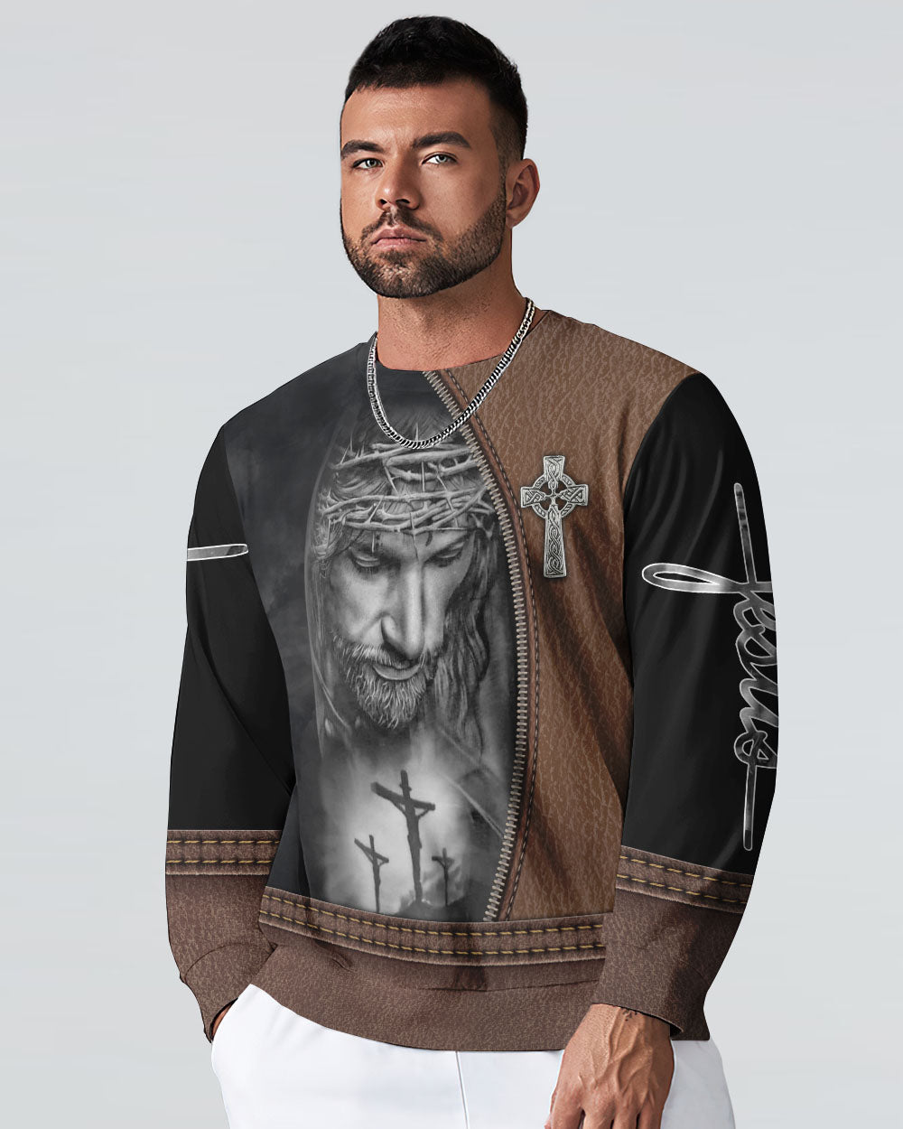 Faith Over Fear Jesus Cross Leather Men's Christian Sweatshirt