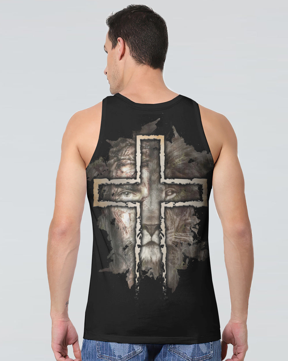 Jesus Lion Half Face Men's Christian Tanks