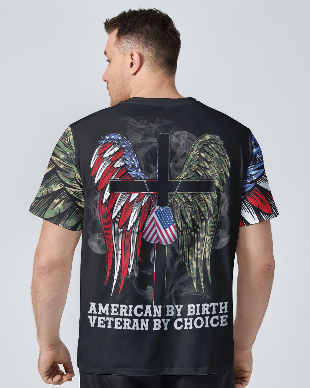 Wings Veteran American Flag Cross Smoke Men's Christian Tshirt