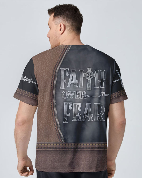 Faith Over Fear Jesus Cross Leather Men's Christian Tshirt